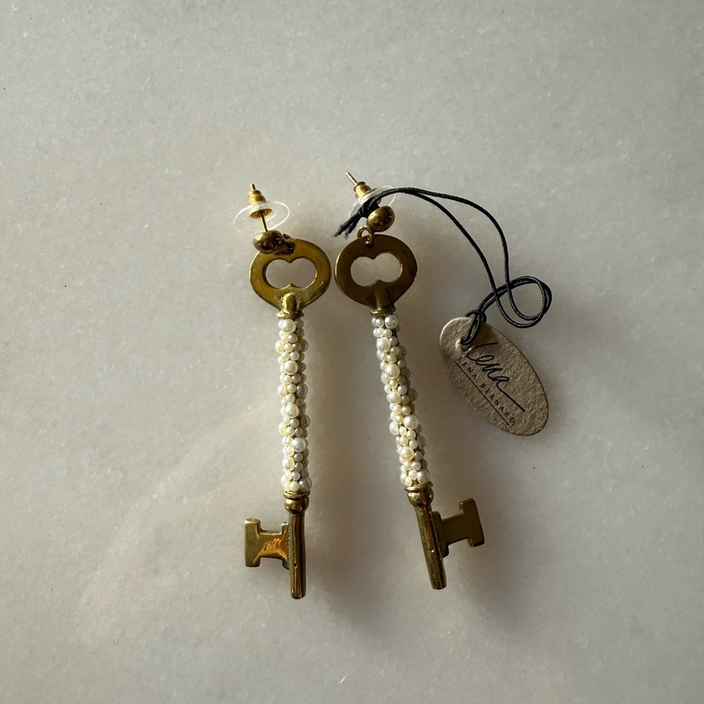 Brass Skeleton Key Pearl Encrusted Earrings